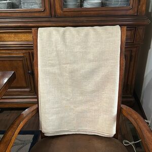Linen Beige Oval Tablecloth 80" / Preloved / Has A Minor Faded Red Dot